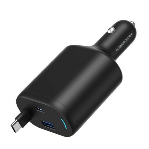 شارژر فندکی پاورولوژی 115 وات با دو پورت Type-C و USB-A و کابل جمع‌شونده، امکان شارژ سریع و ایمن همزمان چند دستگاه در خودرو را فراهم می‌کند. پشتیبانی از QC 3.0 و PD برای سرعت و ایمنی بیشتر