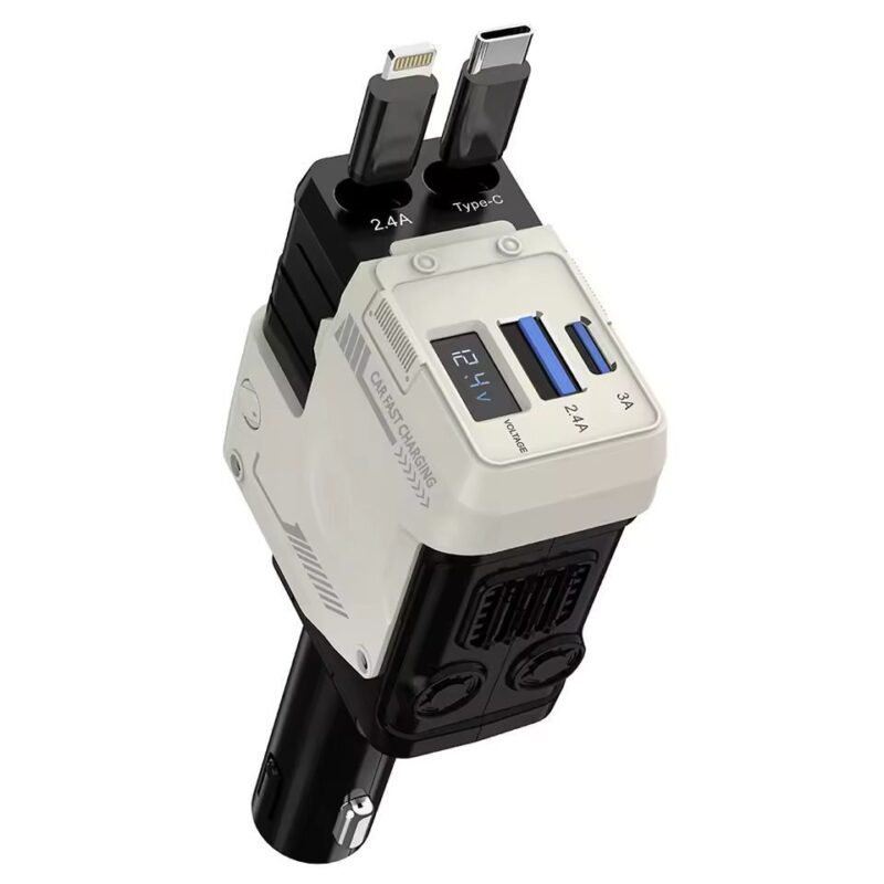 طراحی 4 در 1 شارژر فندکی W&O با کابل‌های جمع شونده (Type-C و iOS)