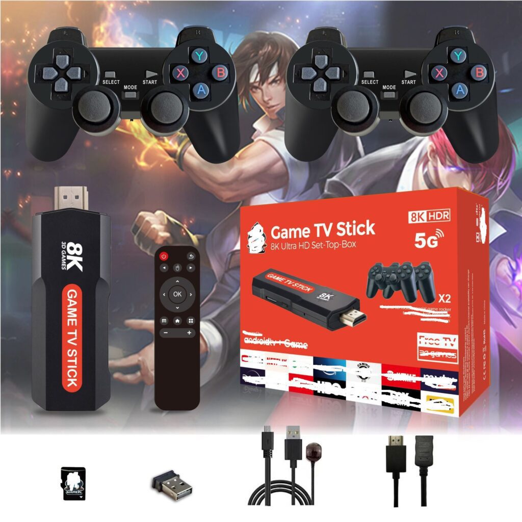 محتوای جعبه گیم استیک Q9 Max (اندروید باکس + ریموت + کنترلر)