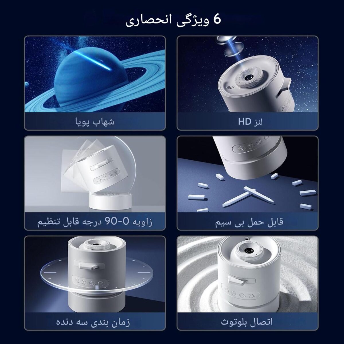 خاموشی خودکار و تایمر چراغ خواب کهکشانی STAR VISION PROJECTOR مدل S02 با نورپردازی ستاره‌ای، 6 طرح جذاب آسمان شب و اسپیکر داخلی بلوتوث. تجربه‌ای آرامش‌بخش و متفاوت در اتاق خواب خود خلق کنید.