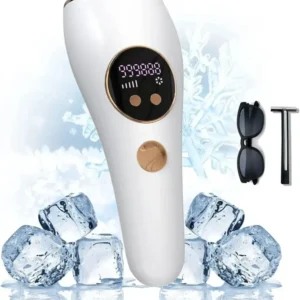 دستگاه لیزر موهای زائد خانگی نمایش حالت شات یخی روی نمایشگر همراه لوازم همراه